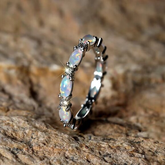NEW 14k White Gold Opal Ring Band Dainty Eternity Ring Band - Picture 3 of 5
